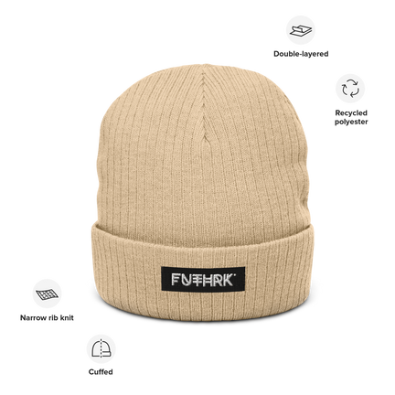 Ribbed knit cuffed beanie with minimalist Futhark design – soft and warm