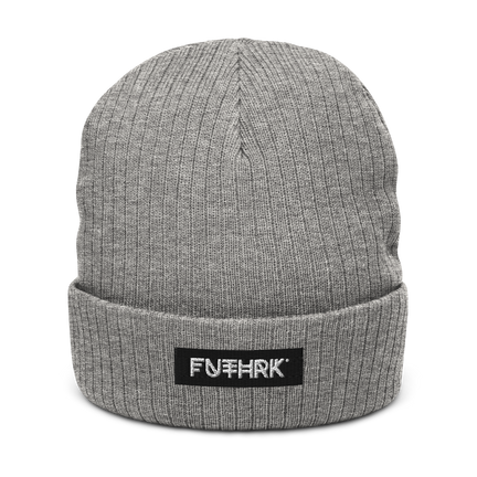 Ribbed knit cuffed beanie with minimalist Futhark design – soft and warm